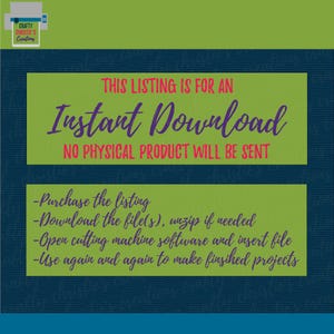 Op de afbeelding: Een groene en blauwe afbeelding met de tekst "THIS LISTING IS FOR AN Instant Download NO PHYSICAL PRODUCT WILL BE SENT" en een lijst met instructies: "Purchase the listing", "Download the file(s), unzip if needed", "Open cutting machine software and insert file", "Use again and again to make finished projects".
