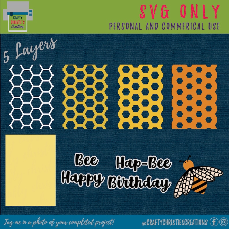 Op de afbeelding: Een digitale download van vijf gelaagde SVG-bestanden voor een verjaardagskaart met een bij-thema. De kaart heeft een honingraatpatroon in geel, oranje en wit, met de tekst "Bee Hap-Bee Happy Birthday".