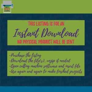Op de afbeelding: Een groene en blauwe afbeelding met de tekst "THIS LISTING IS FOR AN Instant Download NO PHYSICAL PRODUCT WILL BE SENT" en een lijst met instructies: "Purchase the listing", "Download the file(s), unzip if needed", "Open cutting machine software and insert file", "Use again and again to make finished projects".