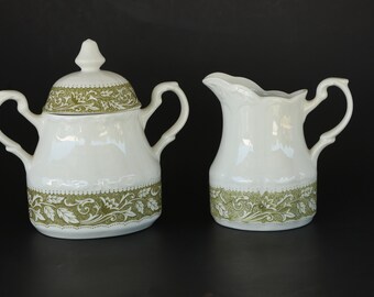 J&G Meakin England Sterling Colonial English Ironstone, White and Green Cream, and Sugar,