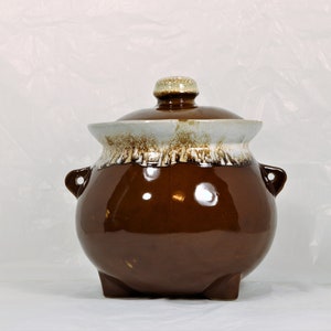 Bean Pot Crock, Vintage stoneware bean pot, Ferment Jar, Brown Crock with Lid, Tan and Brown Speckled Crock with lid, Fermenting pot