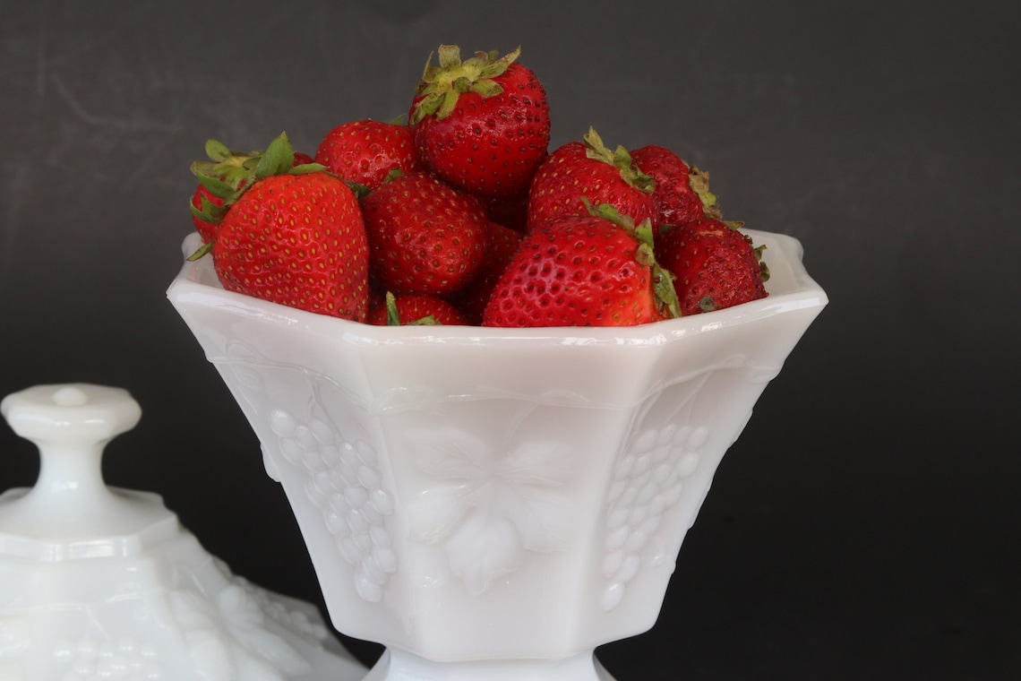 Milk Glass Compote With Lid Grapes and Leaves Vintage Grapes Etsy