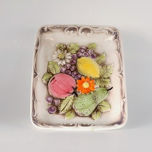Vintage Fruit Tray, Pedestal Plate Square With Fruit raised Design, Snack dish with a Pedestal,