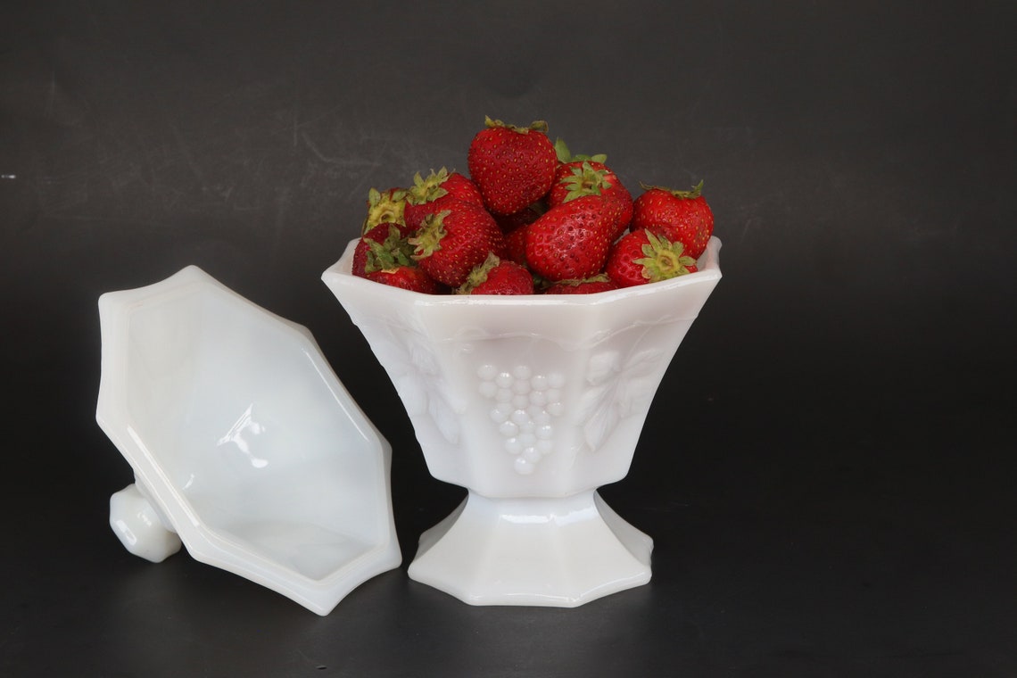 Milk Glass Compote With Lid Grapes and Leaves Vintage Grapes Etsy