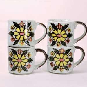 Stoneware Yellow Flower Mugs, Vintage Stoneware Mug, Yellow Flower Coffee Cup,