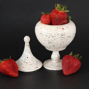 Puede incluir: Plato de cerámica blanca para dulces con un glaseado moteado y una tapa a juego. El plato está lleno de fresas rojas.