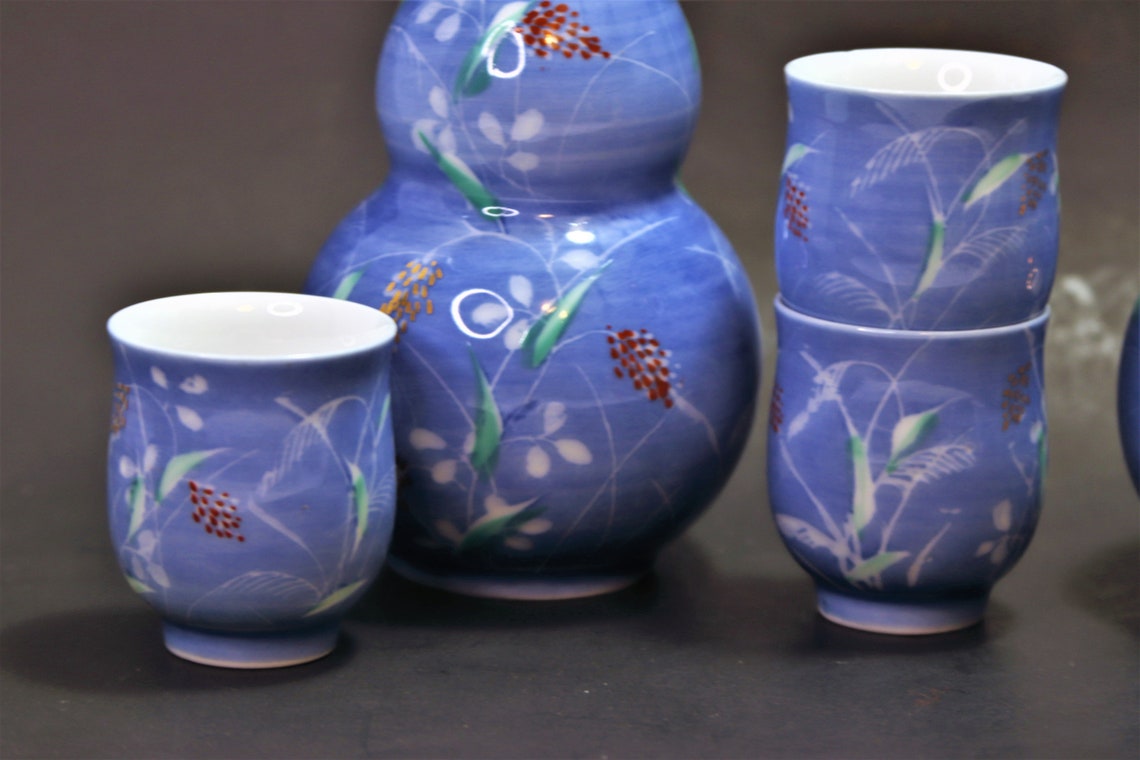 Blue Sake Bottles Japanese Sake Set Vintage Porcelain Saké Etsy