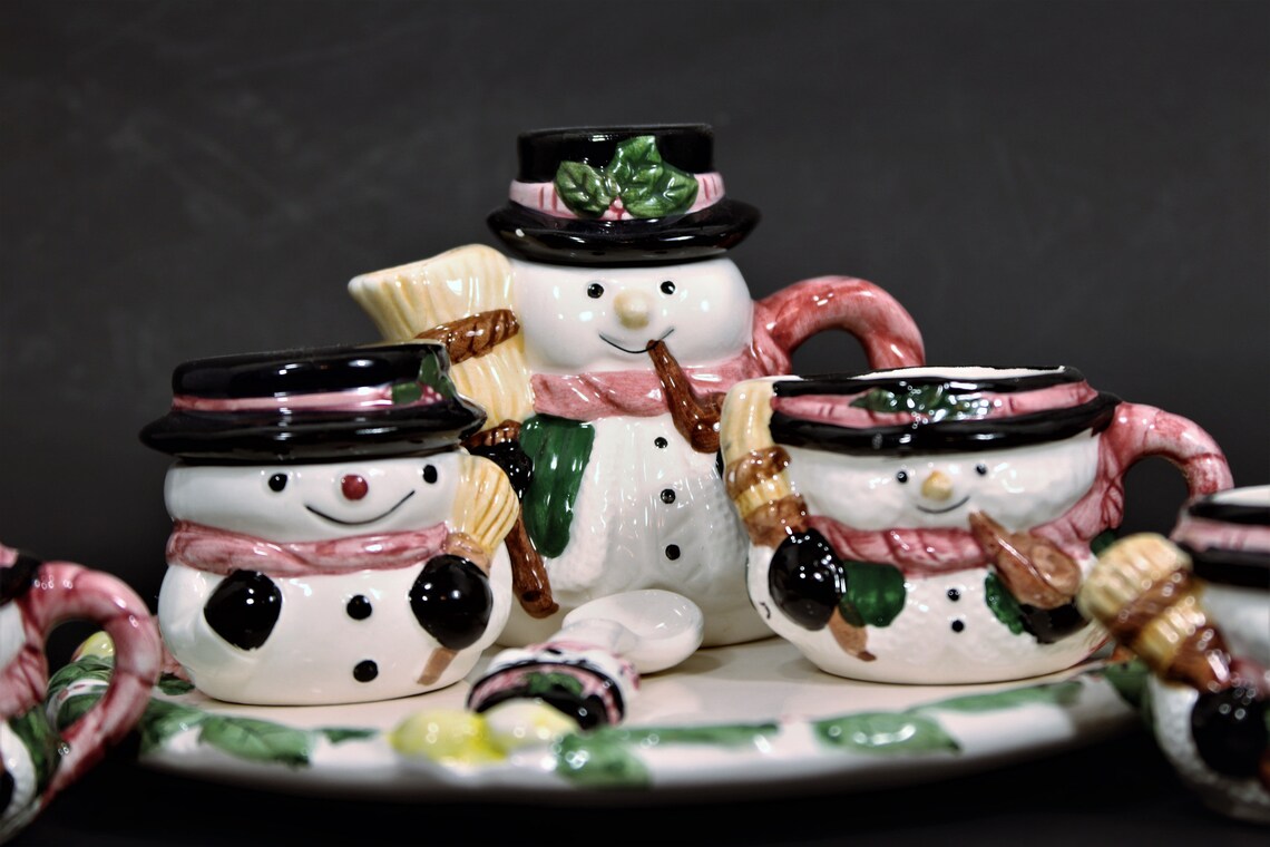 Snowman Tea Set Holiday Tea set Snowman Teapot Miniature Etsy