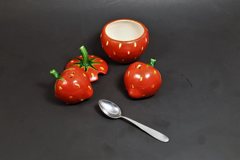 Strawberry Salt and Pepper Made In Japan, Strawberry Serving Set Strawberry Jam Jar