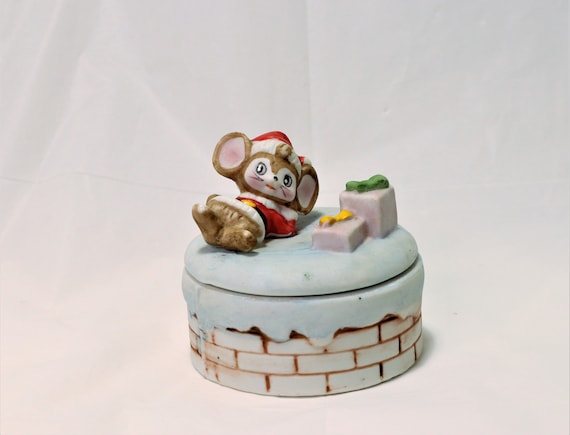 Christmas Trinket Box, Vintage Homco Trinket Box, Santa Mouse Jar,