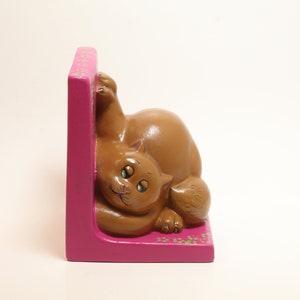 Cat Bookend, Pink Bookend, Brown Cat Bookend, Kitty Bookend, Fat Cat Bookend, Hand Painted Cat Bookend, Cat Prints Bookends, Cat Decor,