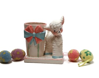 Lamb Planter With Pink and Blue Bow Baby Shower Gift, Newborn Gift, Easter Decor,