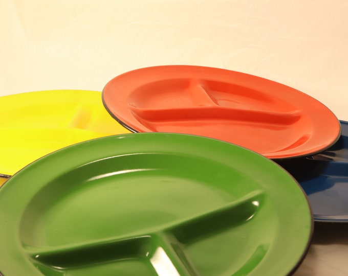 Camping Enamel Plates, Metal Plates Set of Four, Metal Plates Divided