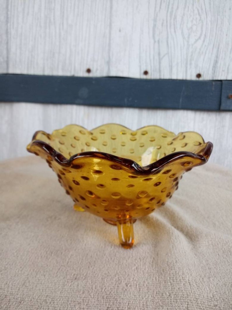 Amber Hobnail Glass candy or nut bowl Vintage Amber Glass, Amber Candy Dish