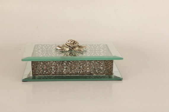 Trinket Box with Glass lid, Rose Trinket Box,Mirr… - image 1