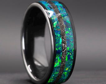 Black Ceramic Meteorite & Blue-Green Opal Ring, Unique Wedding Band, Men's Engagement Ring, Anniversary Gift, Modern Handmade Jewelry