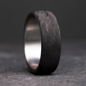 Black Carbon Fiber Titanium Wedding Band, Men's Comfort Fit Ring, Custom Engraved