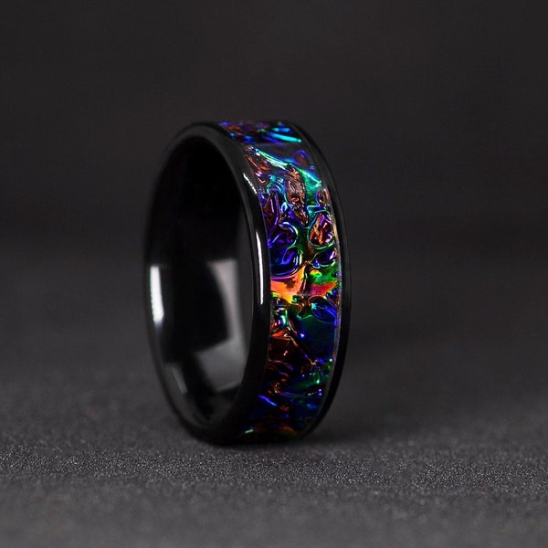 Bague en céramique noire avec incrustation de loupe de dragon dichroïque, alliance en céramique, bague pour homme, bande de dragon, cadeau d'anniversaire, bague de fiançailles pour homme