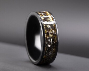 Meteorite Gold Leaf Wedding Ring, Mens Promise band, Gold Leaf Ring, Black Tungsten Ceramic Ring, Anniversary Gifts For Him, Berchjewelry