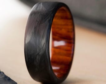 Forged Carbon Fiber Wedding Band for Men, Cocobolo Wood Ring, Handmade Modern Minimalist Engagement Ring, Unique Anniversary Gift for Him