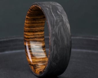 Men Wedding Band – Forged Carbon Fiber Ring with Bocote Wood Inlay