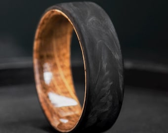 Mens Wedding Band, Forged Carbon Fiber Whiskey Barrel Ring, Free Engraving