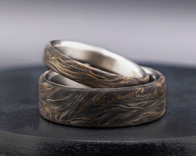 Featured listing image: Titanium Wedding Ring Set,Old Gold Leaf & Carbon Fiber Band, Wedding Band Set, Promise Rings, Engagement Ring Set, Anniversary Gift