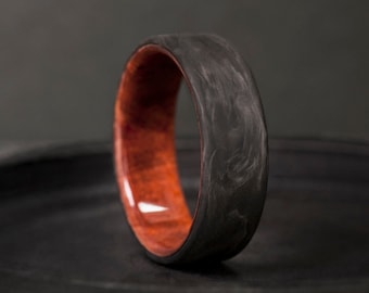 California Redwood Forged Carbon ring, Wedding band, Couple Rings, Engagement ring, Classic men's ring, Gift for her.