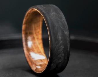 Mens Wedding Band, Forged Carbon Fiber Whiskey Barrel Ring, Free Engraving