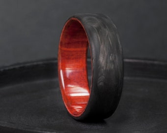 Carbon fiber ring Redheart Wood, Forged Carbon, Mens Wedding Band, gift for him or her, Engagement ring, Valentine's Day Gift
