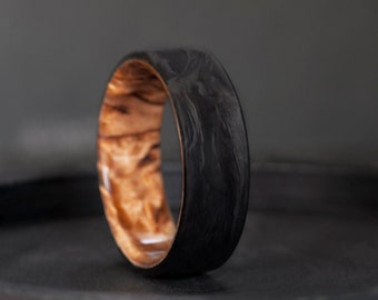 Mens Carbon Fiber Ring with Birch Wood Wedding Band for Him Unique Mens Ring Wooden Jewelry Gift