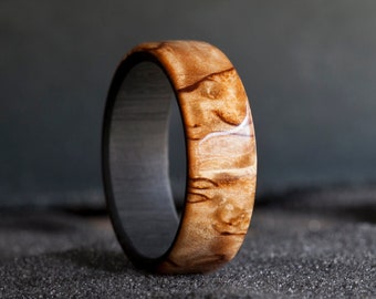 Wedding  Carbon Fiber Ring, Karelian Birch Mens Engagement Band, Carbon Jewelry, Anniversary couple gifts