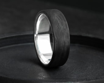 Sterling Silver & Carbon Fiber Ring, Elegant Engagement Ring and Promise Ring for Men, Modern Gift Idea and Anniversary Ring