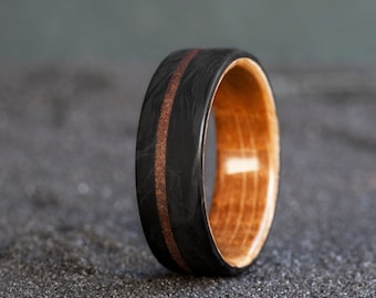 Mens engagement ring of Carbon fiber and Whiskey barrel with goldstone inlay Mens Wedding Band, Custom Engagement Ring, Free Emgraving