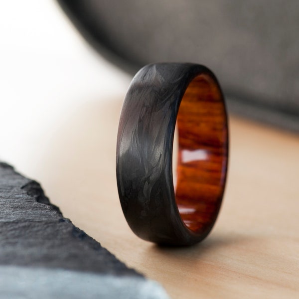 Forged Carbon Fiber Ring with Cocobolo wood, Gift for her, Anniversary ring, Engagement ring, Handmade wedding band, Mens rings