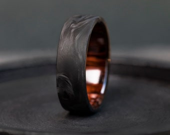 Alianza de boda de fibra de carbono forjada, anillo de fibra de carbono y madera de hierro, anillo de compromiso personalizado, regalo de aniversario, anillo de declaración