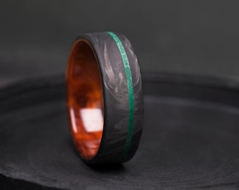 Carbon fiber ring with crashed malachite stone inlay and Thuya wood, Unisex Wedding Band, Custom Engagement Ring, Anniversary Gift