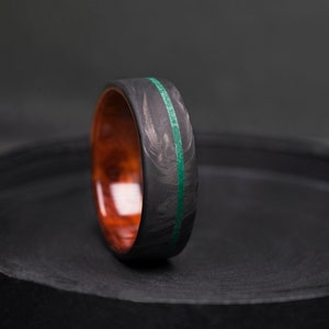 Carbon fiber ring with crashed malachite stone inlay and Thuya wood, Unisex Wedding Band, Custom Engagement Ring, Anniversary Gift