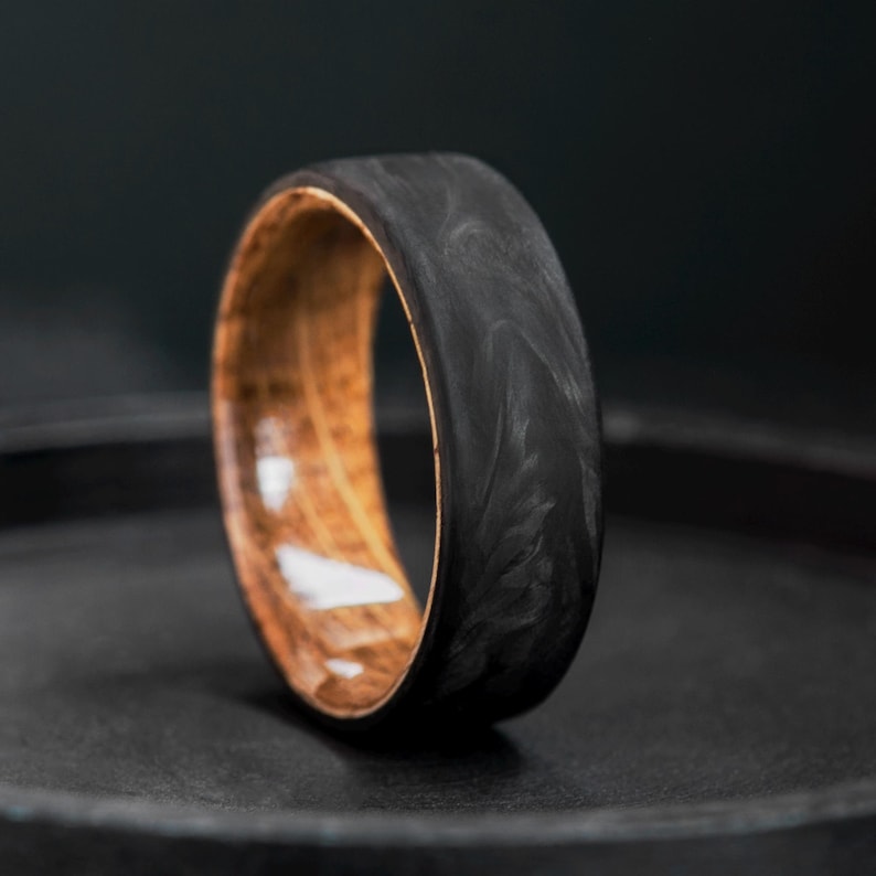 Mens Wedding Band Carbon Fiber Whiskey Barrel Wood, Rustic Black Ring, Free Engraving