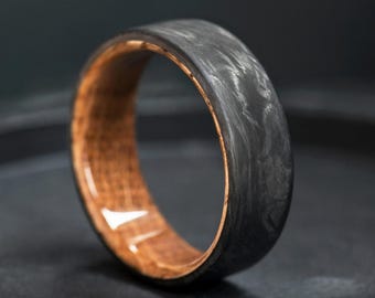 Mens Wedding Band, Forged Carbon Fiber Whiskey Barrel Ring, Free Engraving