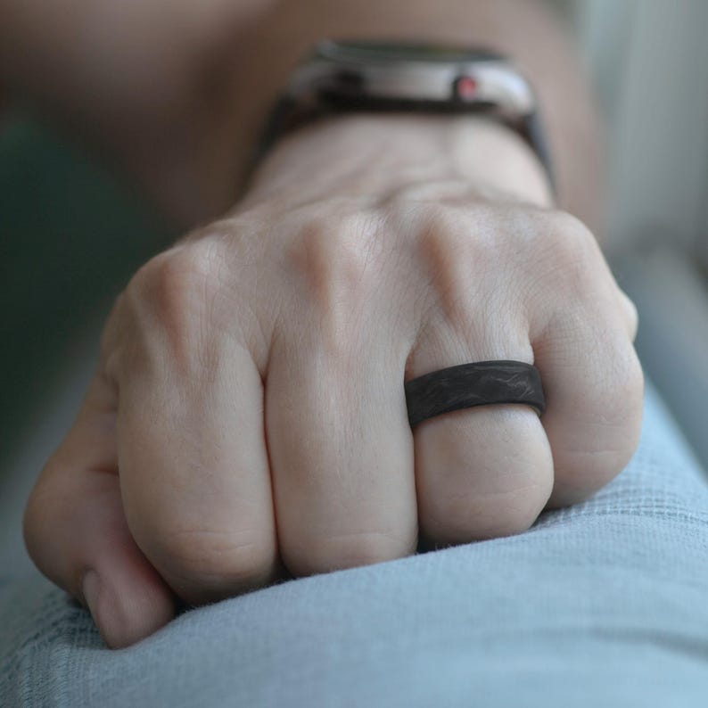 Handmade Forged Carbon Fiber Ring, Black Wedding Band, Anniversary Gift