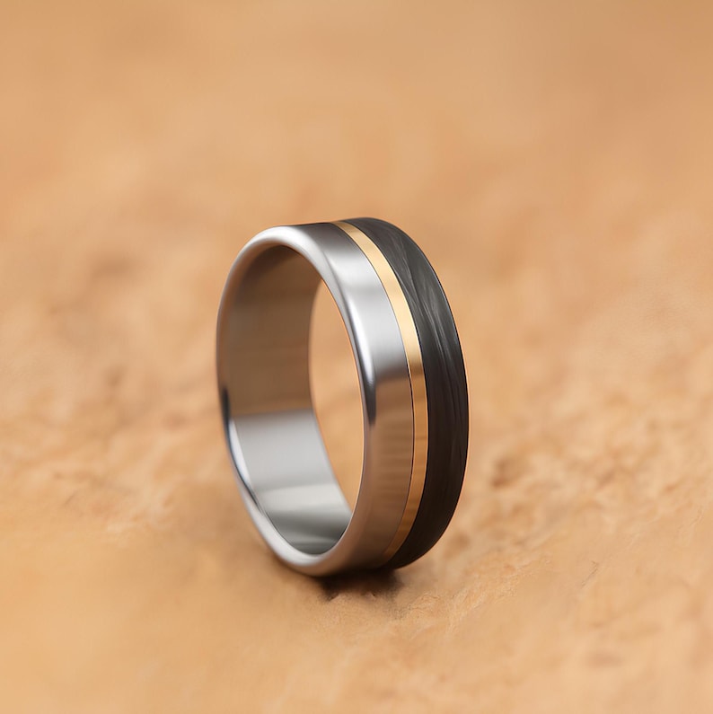 Men's Titanium Wedding Band, Black Carbon Fiber, Brass Inlay, 8mm Ring