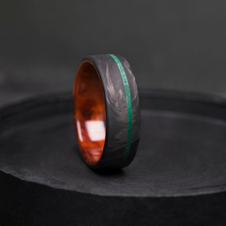 Carbon Fiber Ring, Crushed Malachite Inlay, Thuya Wood Wedding Band