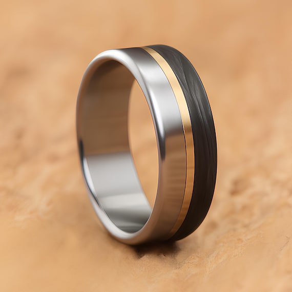 Titanium Carbon Fiber Ring with Brass Inlay, Free Engraving, Mens Wedding Band, Anniversary Gift