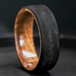Mens Wedding Band, Forged Carbon Fiber Whiskey Barrel Ring, Free Engraving