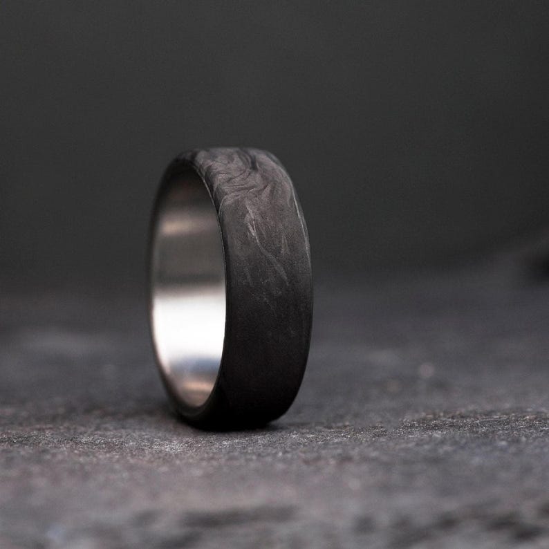 Black Carbon Fiber Titanium Wedding Band, Men's Comfort Fit Ring, Custom Engraved