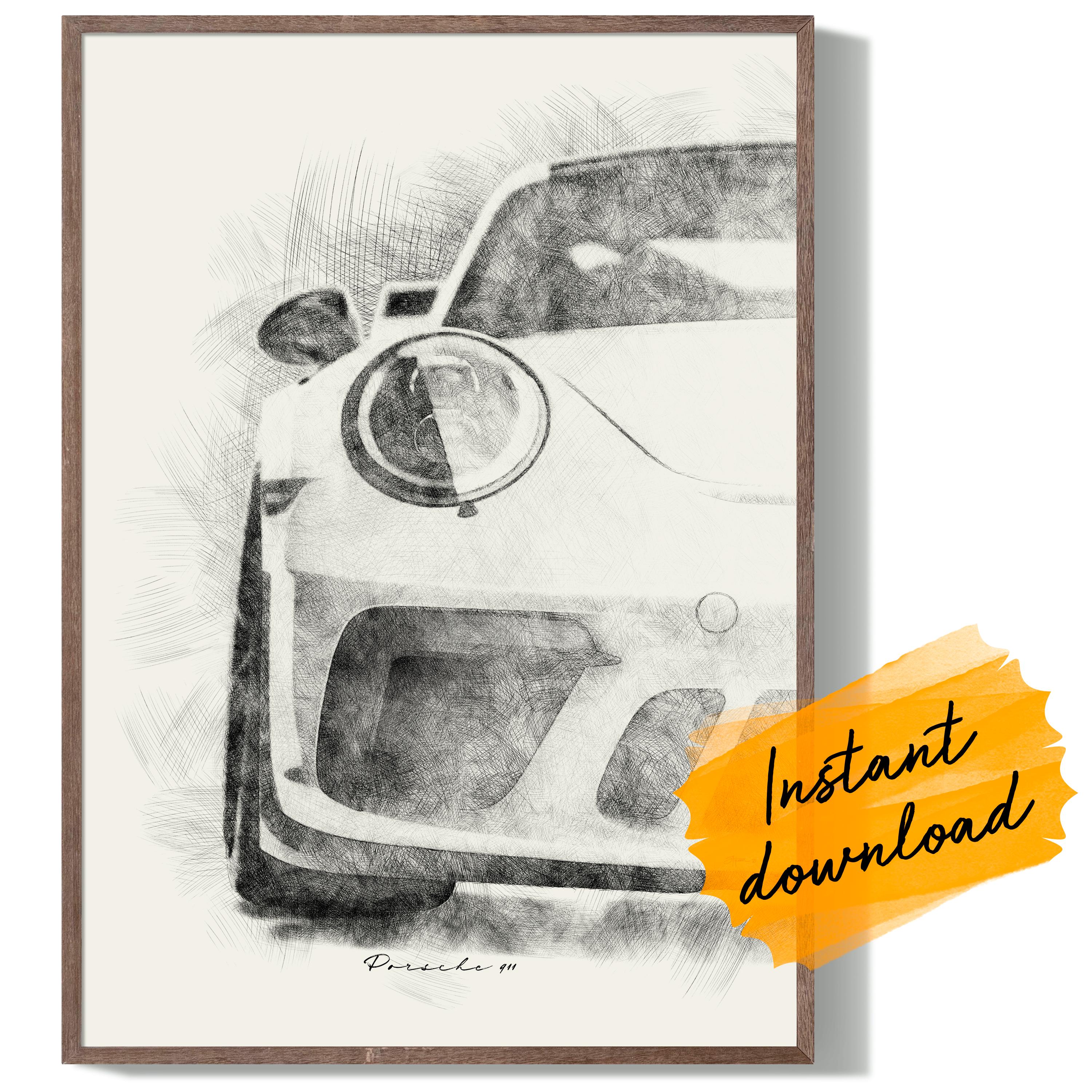 Porsche 911 Sketch Art: Hand-drawn Sports Car (digital Download