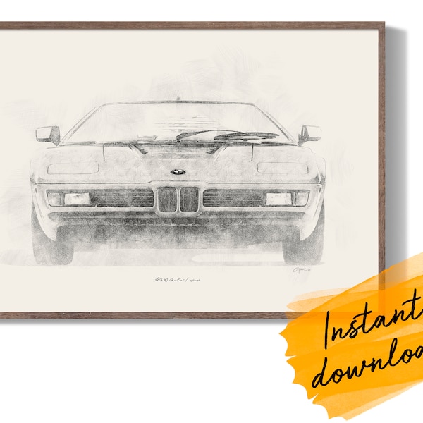 Digital Sports Car downloadable artwork - BMW M1 E26 sketch / Sports Car Pencil Art / BMW M1 E26 Car Art / Hand drawn Digital Art