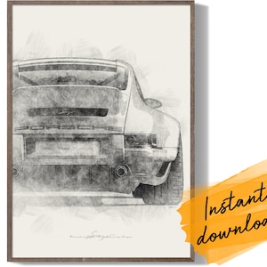 Digitaler Sportwagen Skizze - Porsche 911 Singer / Sportwagen Bleistift Kunst / Sportwagen Bleistift Kunst / Handgezeichnete Digital Kunst