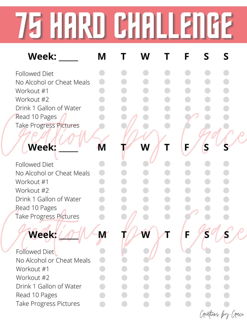 75 Hard Challenge Checklist Printable Printable Templates
